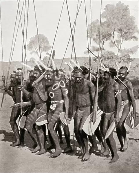 An avenging expedition by a northern tribe of Central Australia. The men danced just before leaving to take vengeance on another group of natives for the death of a relative