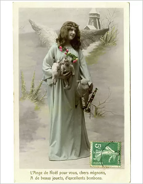 Christmas greetings: ' Christmas Angel for you, dear cute, has beautiful toys, excellent candy'. Postcard beginning of the 20th century
