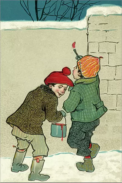 Boys painting a wall with red paint (colour litho)