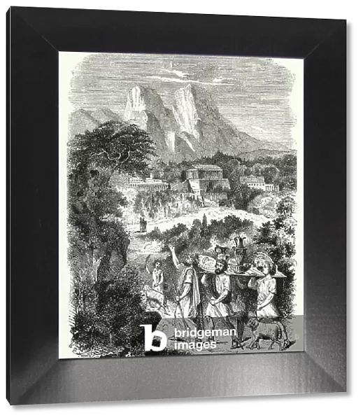 Pilgrims approaching Delphi, ancient Greece (engraving)