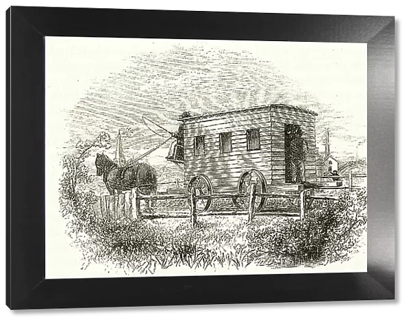 Experiment, the first passenger railway carriage, built by George Stephenson for the Stockton and Darlington line in 1825. Passengers entered from the back. From Samuel Smiles The Story of the Life of George Stephenson, London, 1859