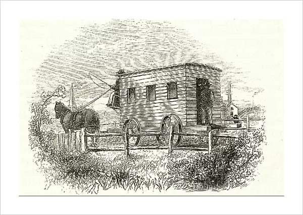 Experiment, the first passenger railway carriage, built by George Stephenson for the Stockton and Darlington line in 1825. Passengers entered from the back. From Samuel Smiles The Story of the Life of George Stephenson, London, 1859