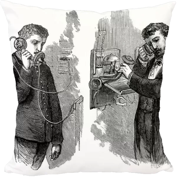 New York telephone subscriber making call through operator at telephone exchange. Apparatus in picture used an Edison transmitter and a pony-crown receiver (being held to subscriber's ear on right). Wood engraving, Paris, 1883
