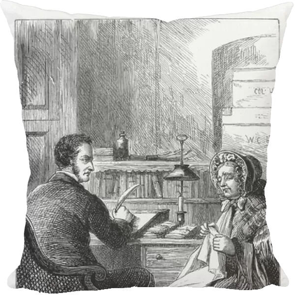 Mrs Tulliver visiting lawyer Waken to ask him not to bid for Dorlcote Mill at the forthcoming auction. By Walter James Allen (active 1859-1891), 19th century (engraving for an undated 19th century edition of The Mill on the Floss by George Eliot)