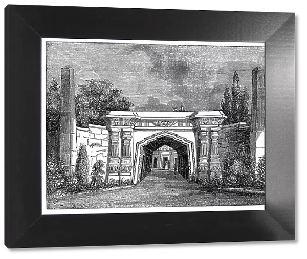 North London Cemetery, Highgate, London, England. The Egyptian avenue, built in the architectural style fashionable at this time. Wood engraving, 1838