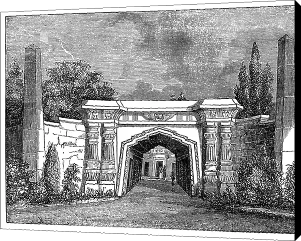 North London Cemetery, Highgate, London, England. The Egyptian avenue, built in the architectural style fashionable at this time. Wood engraving, 1838
