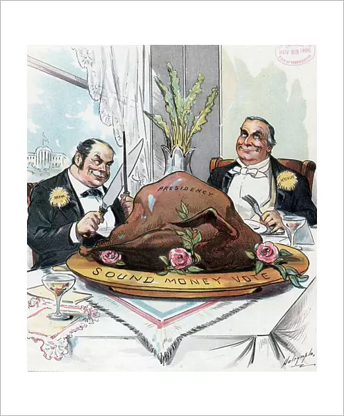 Mark Hanna about to carve a large turkey labelled Presidency, 1896