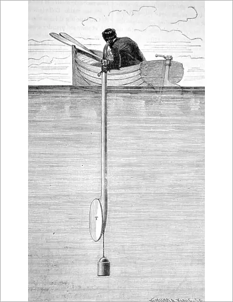 Experiment to measure the velocity of sound in water, 1880 (engraving)