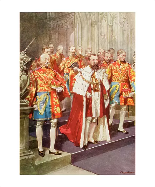 King George V and the officers of Heralds College, during his coronation in 1910, together with the arms of the English Sovereigns from William I to George V. George V, George Frederick Ernest Albert, 1865 to 1936