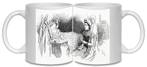Woman knitting as she sits talking to patient in bed covered with a shell patchwork quilt