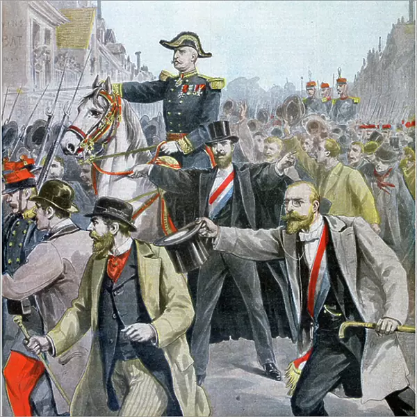 Deroulede and Habert trying to circumvent General Roger and his troops during a nationalist march in Paris, 1899