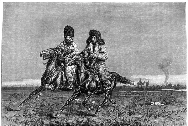 Kyrgyz horsemen (one of whom wears a chapka) galloping in the tundra (steppe) - The Autonomous Republic of Kyrgyzstan was created in 1926 - Drawing by Pranishnikoff by nature. Elysee (Elisee) Reclus (1830-1905), Hachette 1881