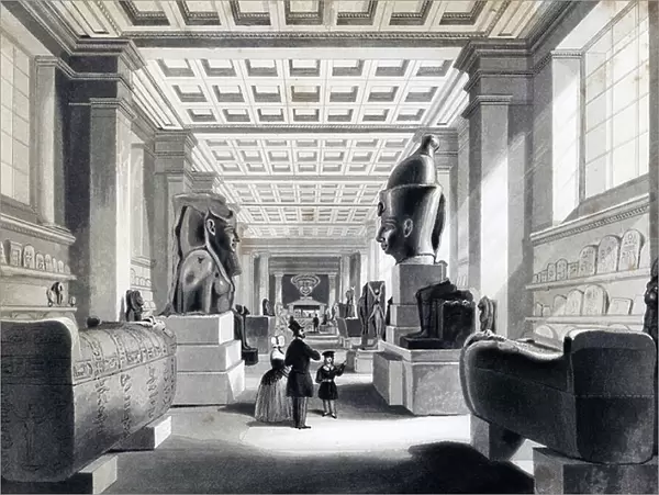 Victorian tourists in the Egyptian Room at the British Museum. The Harpy tomb from the Zanthian Marbles, sarcophagi, coffins and relics. Steel engraving by Radclyffe after an illustration by B