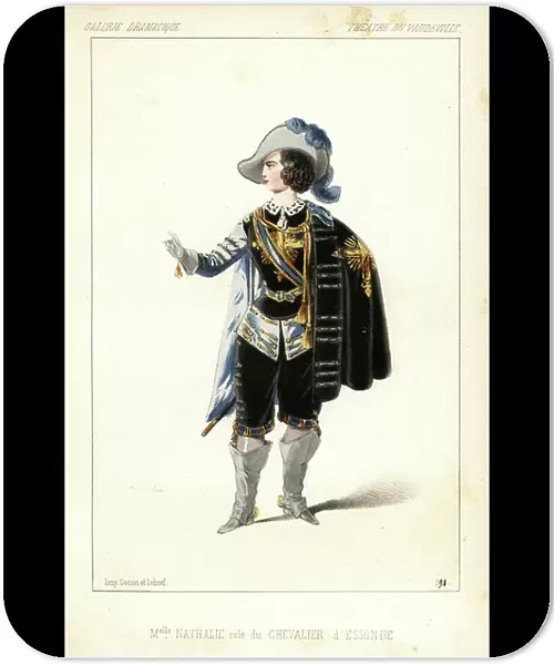 Zait-Nathalie Martel or Miss Nathalie in drag as the Chevalier d'Essone by Dupeuty and Anicet Bourgeois, Theatre du Vaudeville, 1847. Handcoloured lithograph after an illustration by Alexandre Lacauchie from Victor Dollet's Galerie Dramatique