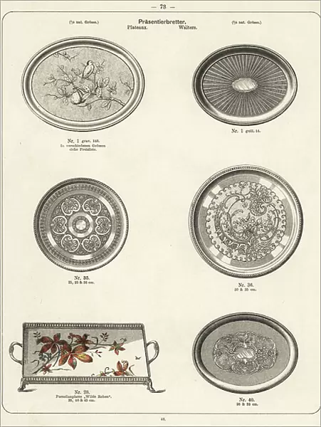 Engraved metal platters and waiters. Lithograph from a catalog of metal products manufactured by Wuerttemberg Metalware Factory, Geislingen, Germany, 1896.- Catalogue of metal products manufactured by Wuerttemberg Metalware Factory, Geislingen