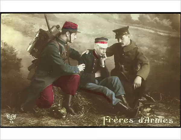 First World War: Patriotic map showing a French soldier and an English soldier consoling a Belgian soldier and titled Brother of Arms, 1915