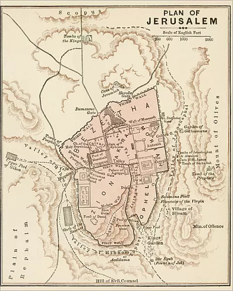 Map of the City of Jerusalem (Israel), circa 1870. 19th century lithography