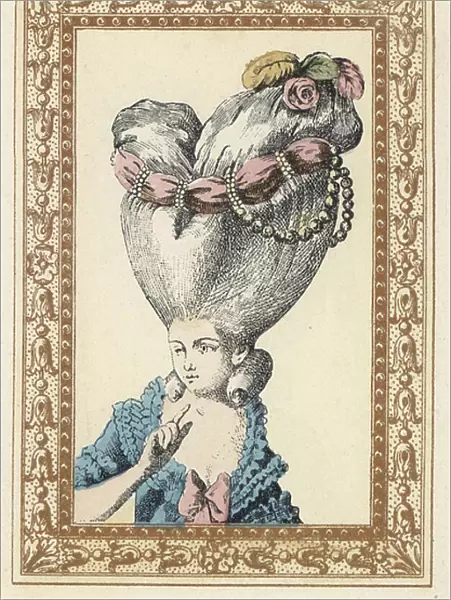 Woman with her hair combed up over a pouf (support) and decorated with flowers, pearls and a sash, called the Flea. The Pouf has the Chia. Handcoloured lithograph by de Laubadere from Octave Uzane's Stylish Hairstyle or Eccentric Finery from the era