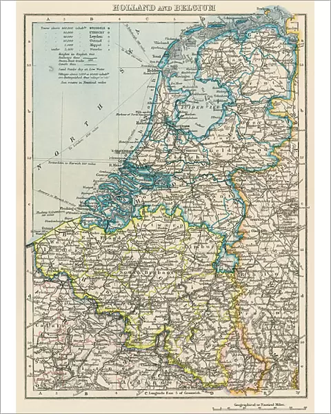 Map of the Netherlands and Belgium, around 1870 - Lithograph 19th century - Map of the Netherlands and Belgium, 1870s - Color lithograph