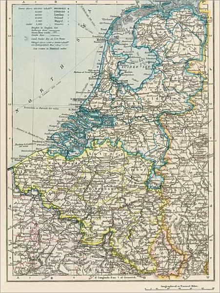 Map of the Netherlands and Belgium, around 1870 - Lithograph 19th century - Map of the Netherlands and Belgium, 1870s - Color lithograph