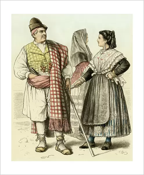 Europe: traditional costumes of the population of the European continent. Residents of Murcia in Spain in the 19th century. Colour engraving of the 19th century
