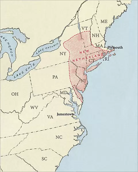 The colonial territories of North America claimed by the Dutch in 1764, on the Atlantic coast, New Holland (or New Belgium) with the cities of Jamestown and Plymouth