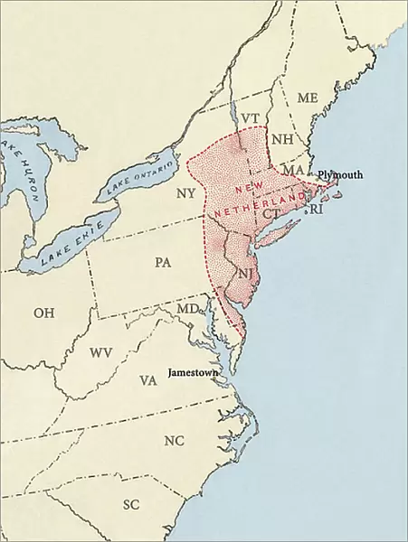 The colonial territories of North America claimed by the Dutch in 1764, on the Atlantic coast, New Holland (or New Belgium) with the cities of Jamestown and Plymouth