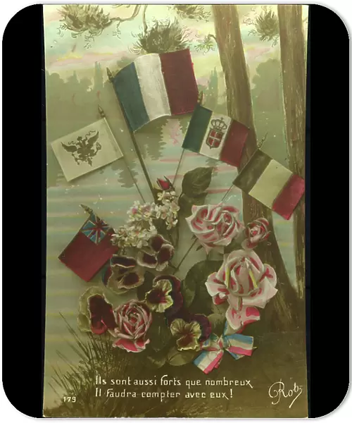 First World War: Patriotic map showing the five flags of the allies with the commentary: They are also as many, you will have to count with them, 1915