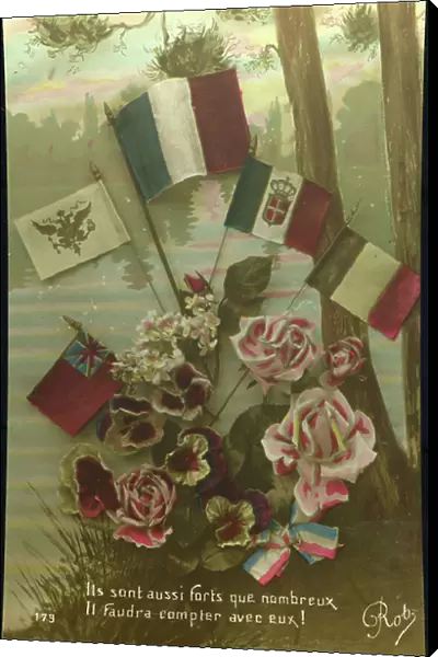 First World War: Patriotic map showing the five flags of the allies with the commentary: They are also as many, you will have to count with them, 1915