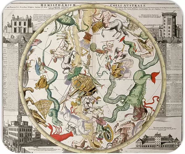 Part of a southern hemisphere star chart from Reiner Ottens's Atlas Maior (1730), with the Greenwich Observatory (left) and the Round Tower observatory in Copenhagen (right), 1730 (engraving)