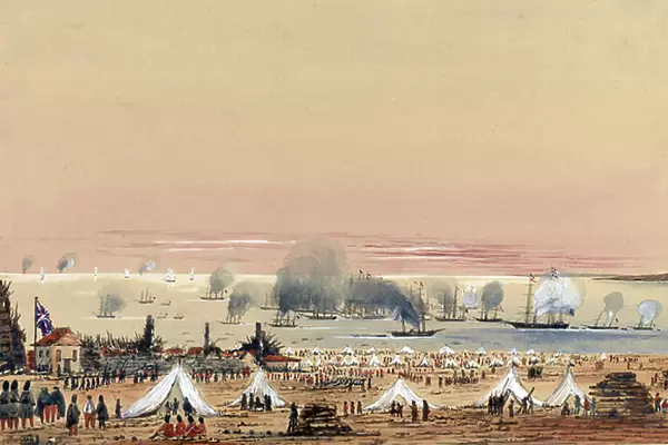 The landing at Kinburn (Ukraine, Russia) in October 1855, a British army camp on the shore, with the fleet anchored offshore including the HMS Tribune