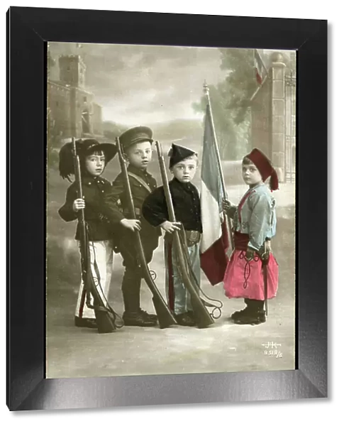 First World War: France, Patriotic Map showing four young children in Italian, English, Belgian and Russian soldier uniforms around the French flag, titled: The Europe of tomorrow will remain faithful to the alliance, 1916
