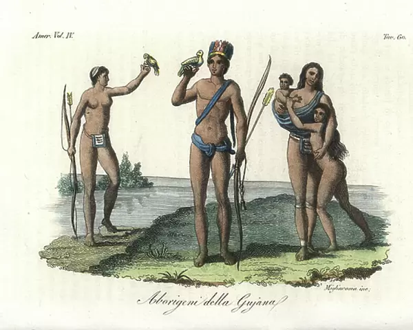 Arawak people of Guyana, South America, with feather headdress, bow and arrow, apron, and tame parrots. Handcoloured copperplate engraving by Migliavacca from Giulio Ferrario's Costumes Antique and Modern of All Peoples