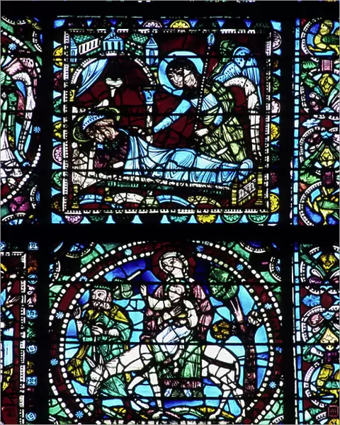 Gothic architecture. Life of Our Lord (detail): Joseph's dream and flight to Egypt. 1140. Stained glass of the Royal Portal. Cathedrale de Chartres