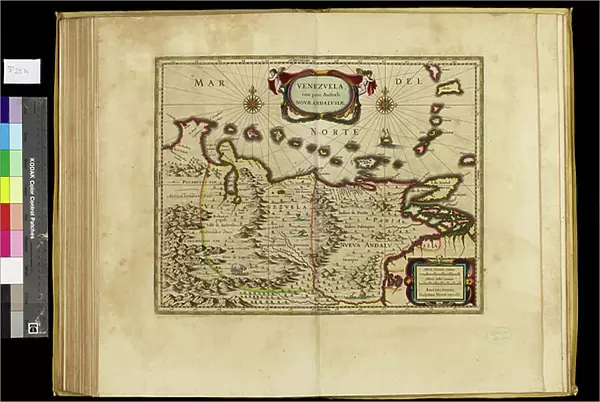 Geography map: representation of Venezuela in South America from an Atlas made by cartographer Willem Janszoon Blaeu (1571-1638), approximately 1630 Biblioteca Angelica, Rome