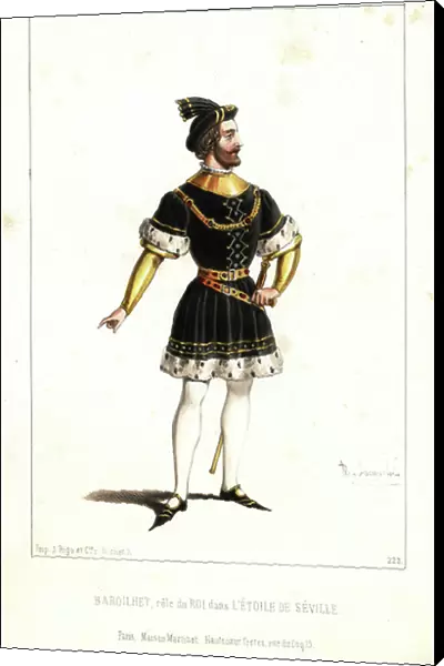 English baritone Paul-Bernard Barroilhet as the King in L'Etoile de Seville by Michael Balfe, Royal Academy of Music, 1846. Handcoloured lithograph after an illustration by Alexandre Lacauchie from Victor Dollet's Galerie Dramatique