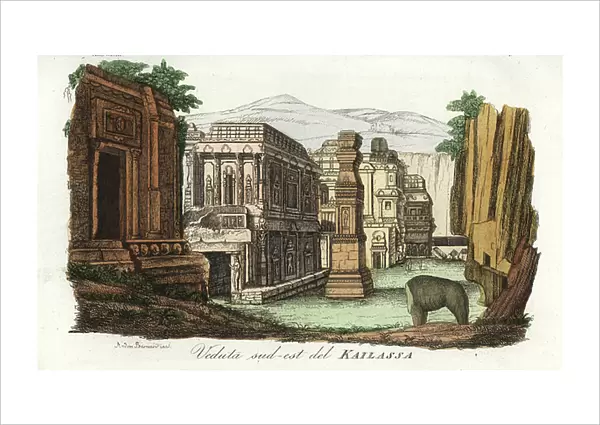 South-east view of the Kailasa temple, Ellora rock cut temple caves, India. Handcoloured copperplate drawn and engraved by Andrea Bernieri from Giulio Ferrario's Ancient and Modern Costumes of all the Peoples of the World, Florence, Italy, 1844