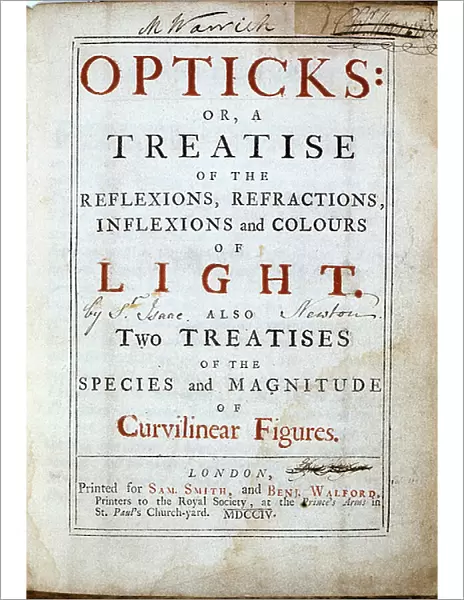 Isaac Newton (1642-1727) English scientist and mathematician. Title page of his 'Opticks', 2nd edition. London, 1794. ©UIG / Leemage