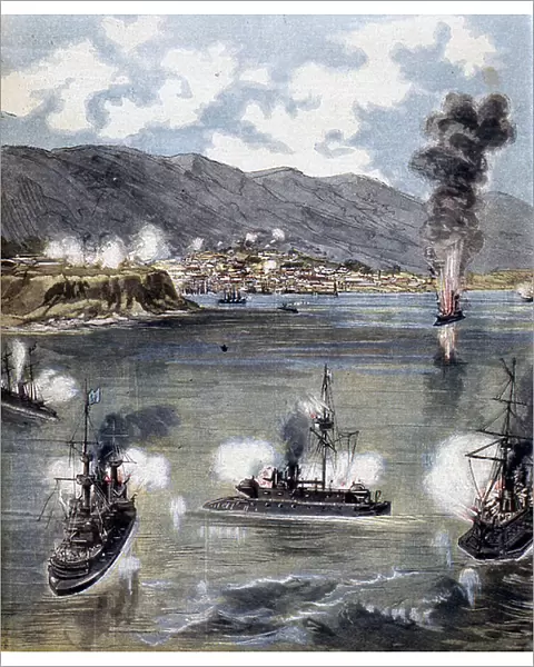 Revolution in Chile 1891. The rebel fleet bombarding the town of Valparaiso. French illustration