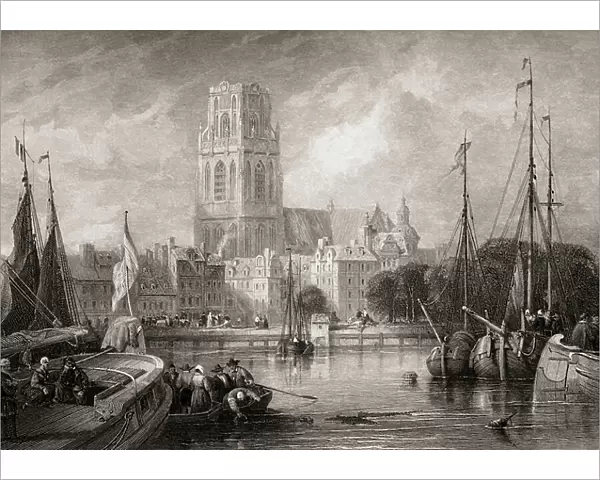 Church of St. Lawrence, Rotterdam, Holland. Engraved by J. Carter from a 19th century print by D. Roberts