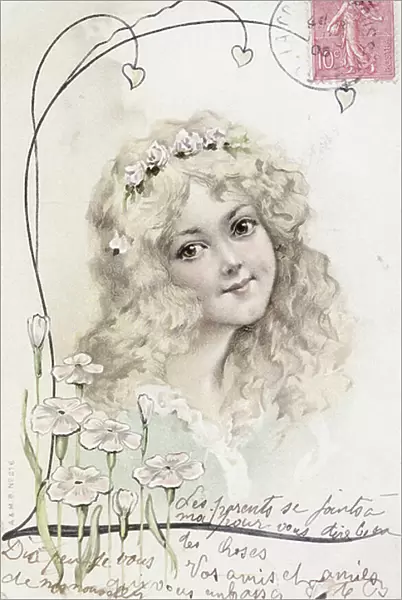 French greeting card with a young girl and floral elements, 1900