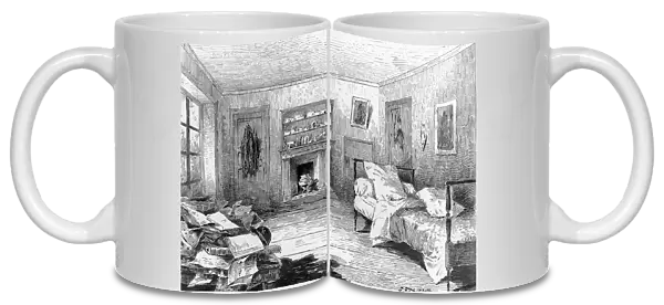 French writer Victor Hugo's bedroom in his parisian home where he lived from 1832 to 1848 (engraving)