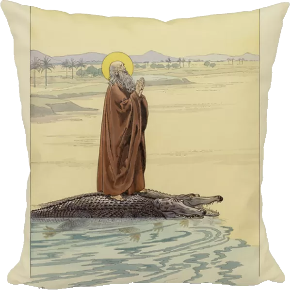 Saint Pachomius and the crocodiles (colour litho)