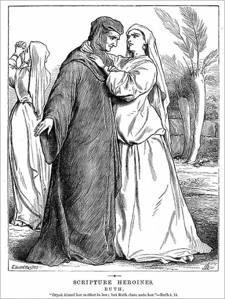 Ruth embracing her mother-in-law. Bible 2 Ruth 1.14. Wood engraving 1873