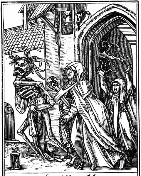 The Abbess visited by Death. From Hans Holbein the Younger Les Simulachres de la Mort (Dance of Death, Totentanz). Series of illustrations following the tradition of medieval morality plays. Woodcut 1538