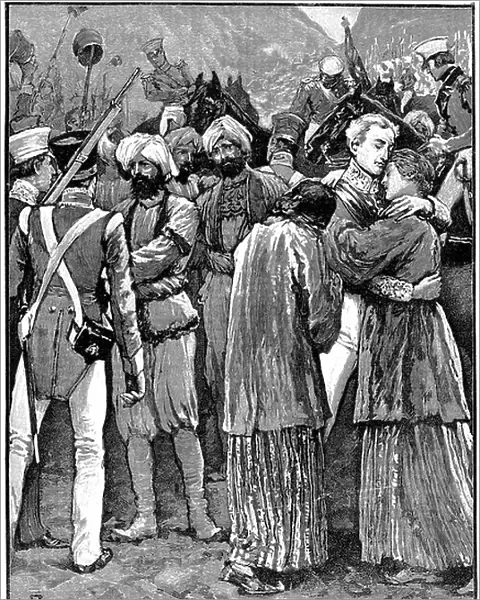 First Anglo-Afghan War 1838-1842: Rescue of British prisoners from the Afghans after the defeat of Akbar Khan, April 1842. General Robert Sale united with his wife and daughter. Wood engraving c. 1885