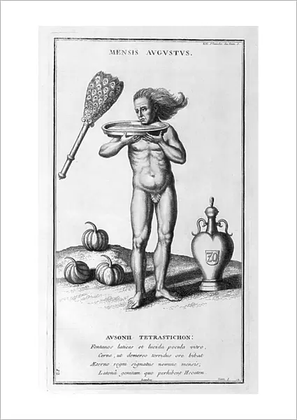 August represented as man holding a large dish of waters