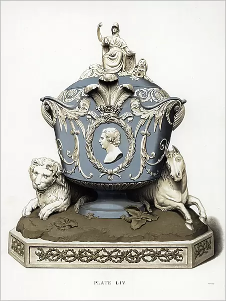 Prince of Wales Vase in jasper. With figure of Britannia and a lion, medallion of George, crown and feathers, with lion and horse at base. Chromolithograph by W