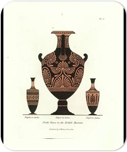 Fictile vases in the British Museum. Vases in red clay with black decorative patterns. Handcoloured copperplate engraving by Henry Moses from A Collection of Antique Vases, Altars, etc. London, 1814