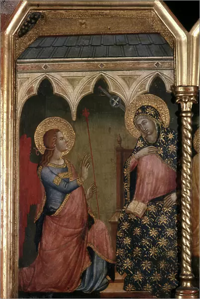 Virgin and Child, detail: Annunciation (sign to the left of the Nativite). The Virgin Mary listens to the Archangel Gabriel who holds a sceptre surmounted by a flower of lilies. Above them, the dove of the Holy Spirit (Holy Spirit)